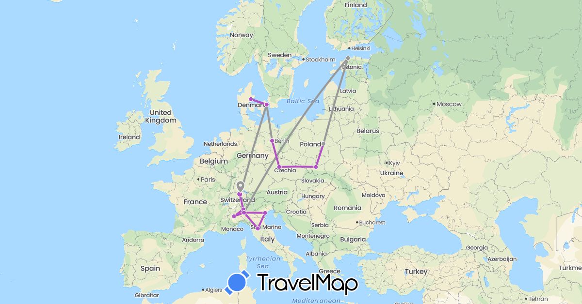 TravelMap itinerary: driving, plane, train in Switzerland, Czech Republic, Germany, Denmark, Estonia, Italy, Poland (Europe)